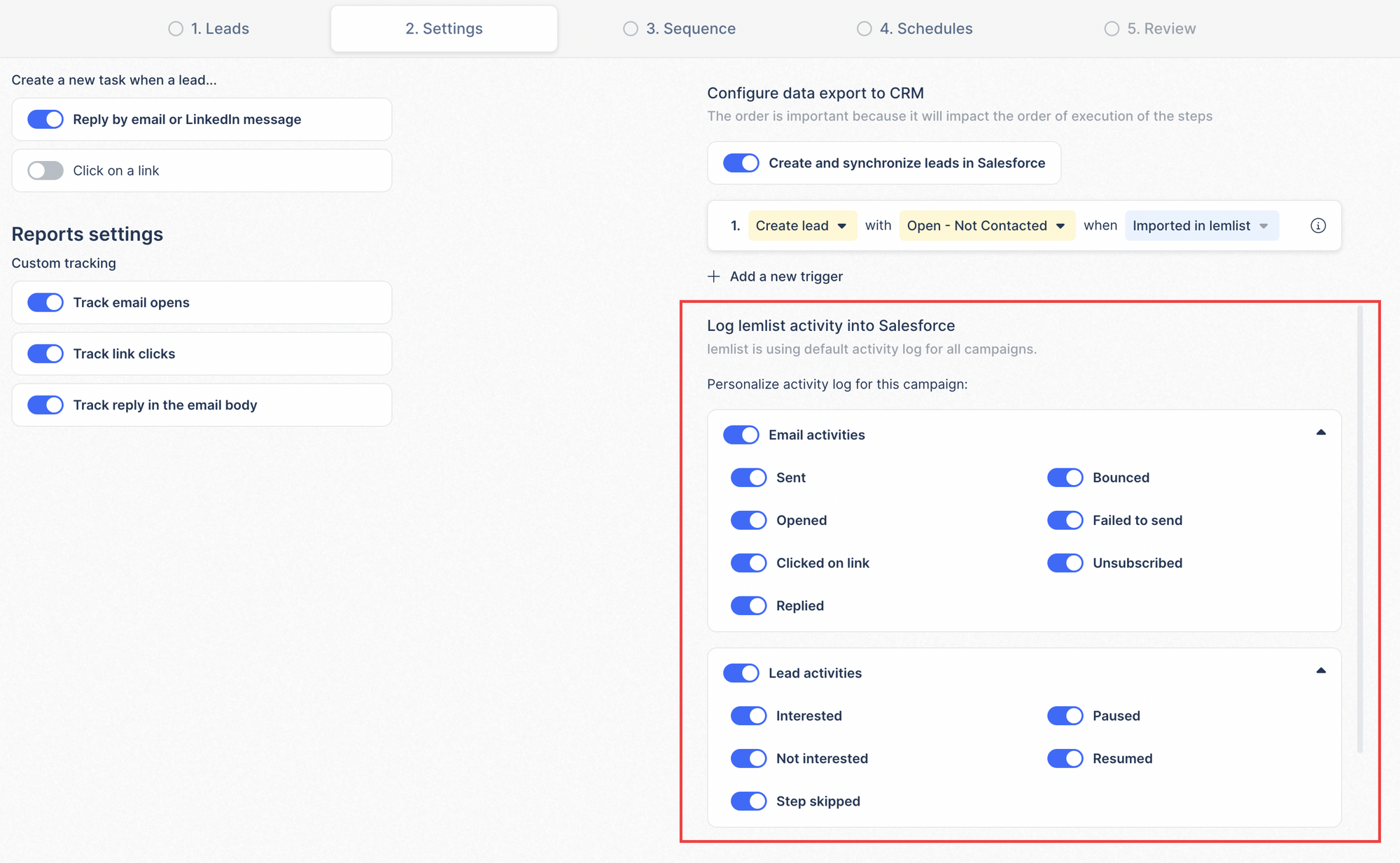 campaign-level activities settings