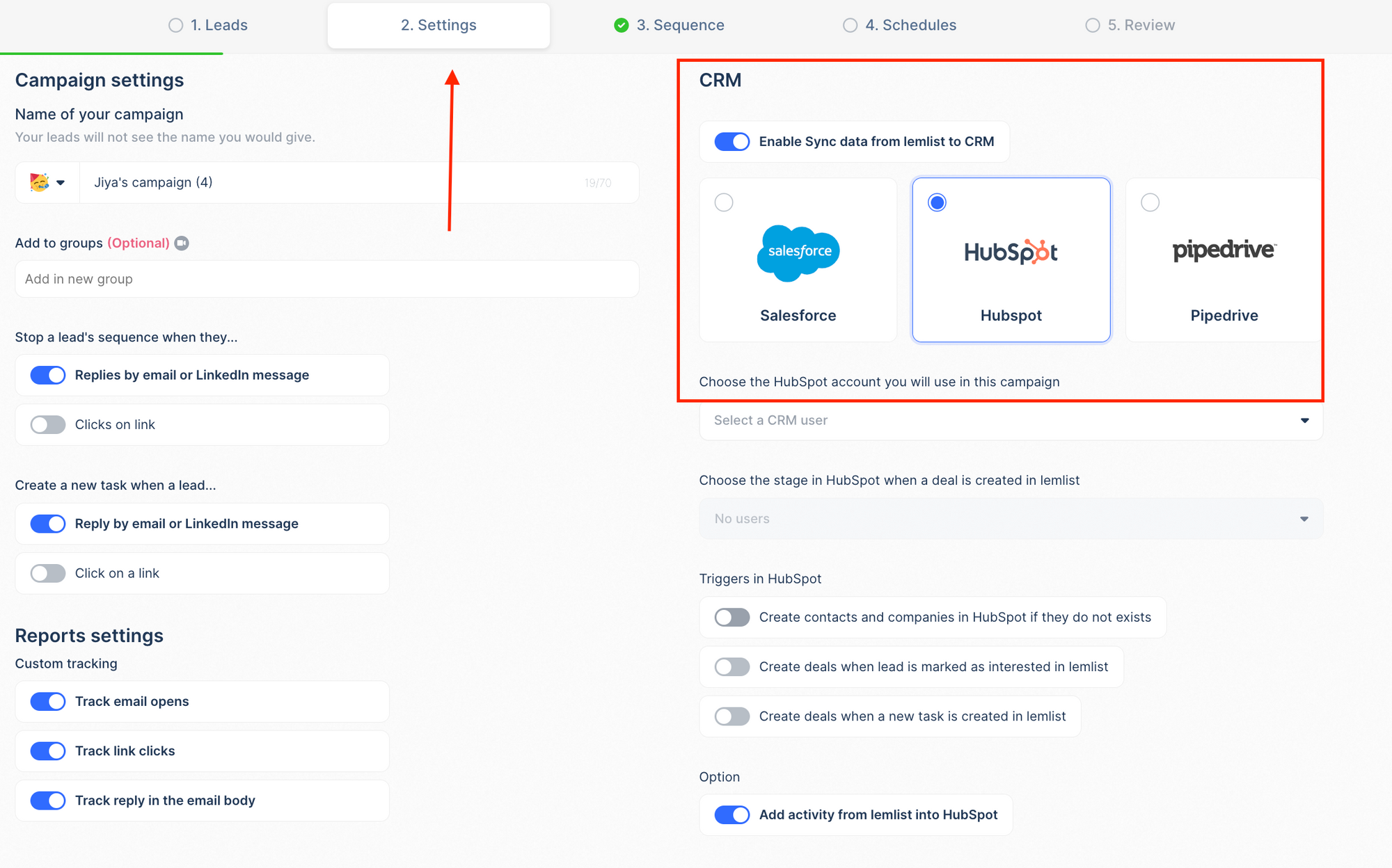 link hubspot to lemlist campaign
