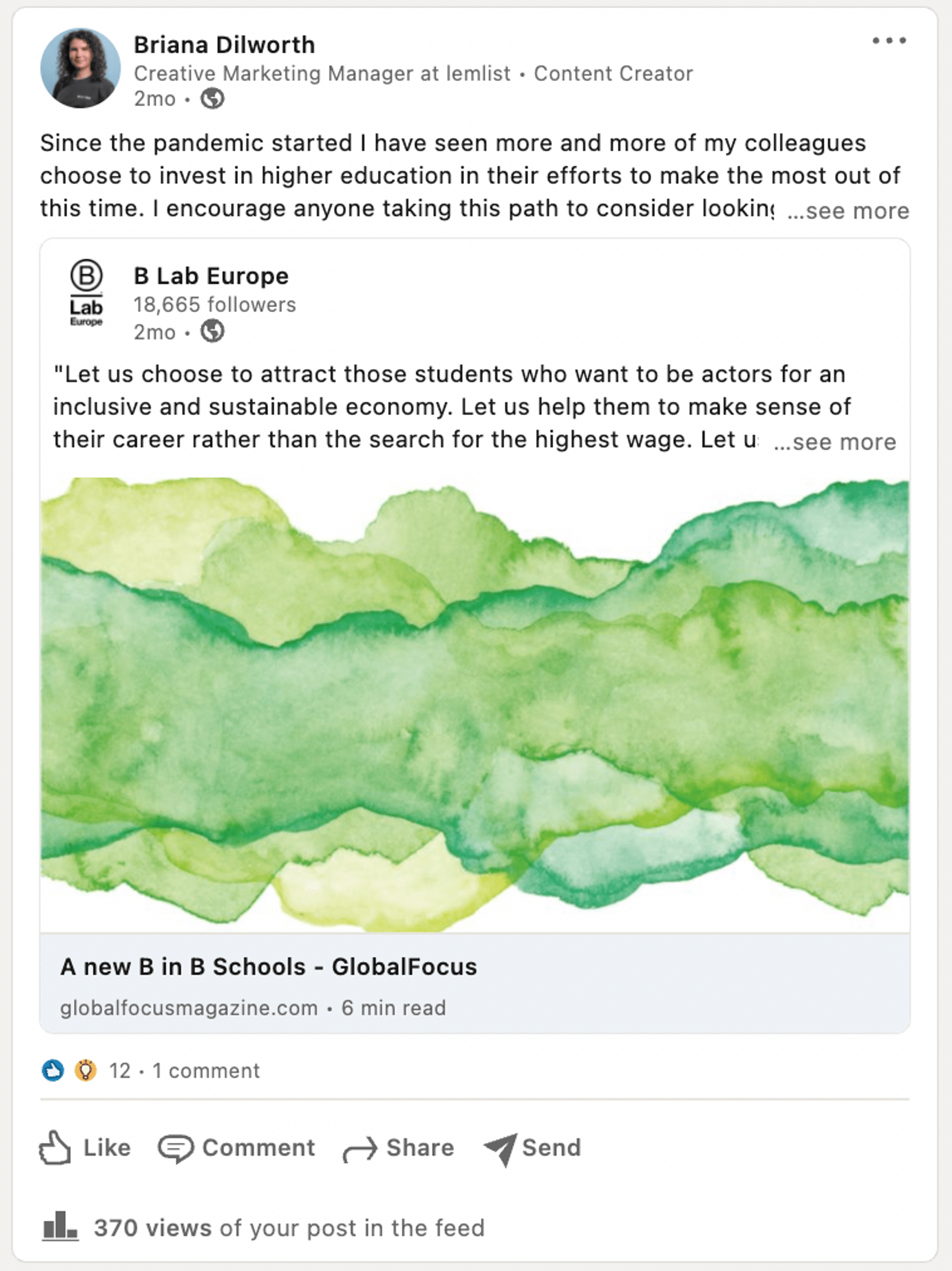 A screenshot of a LinkedIn post with 12 reactions and an organic reach of 370 views