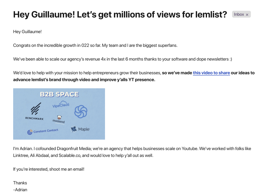 A cold email with the text: "Hey Guillaume! Let