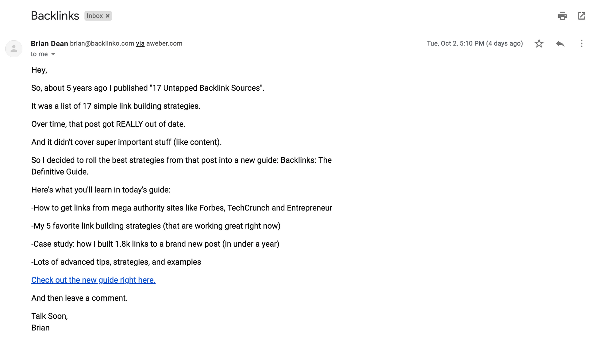 A cold email from Brian Dean from Backlinko that reads "Hey, so about 5 years ago I published 