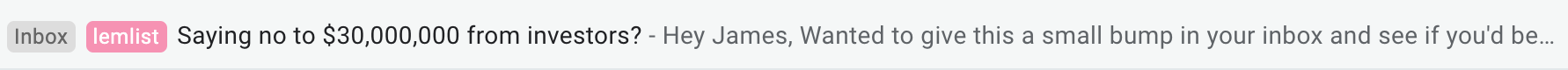 An email subject line on a browser window that shows the entire subject line: "saying no to ,000,000 from investors?"