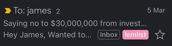 A screenshot of an email on mobile. The subject line is cut short and shows "Saying no to ,000,000 from invest..."